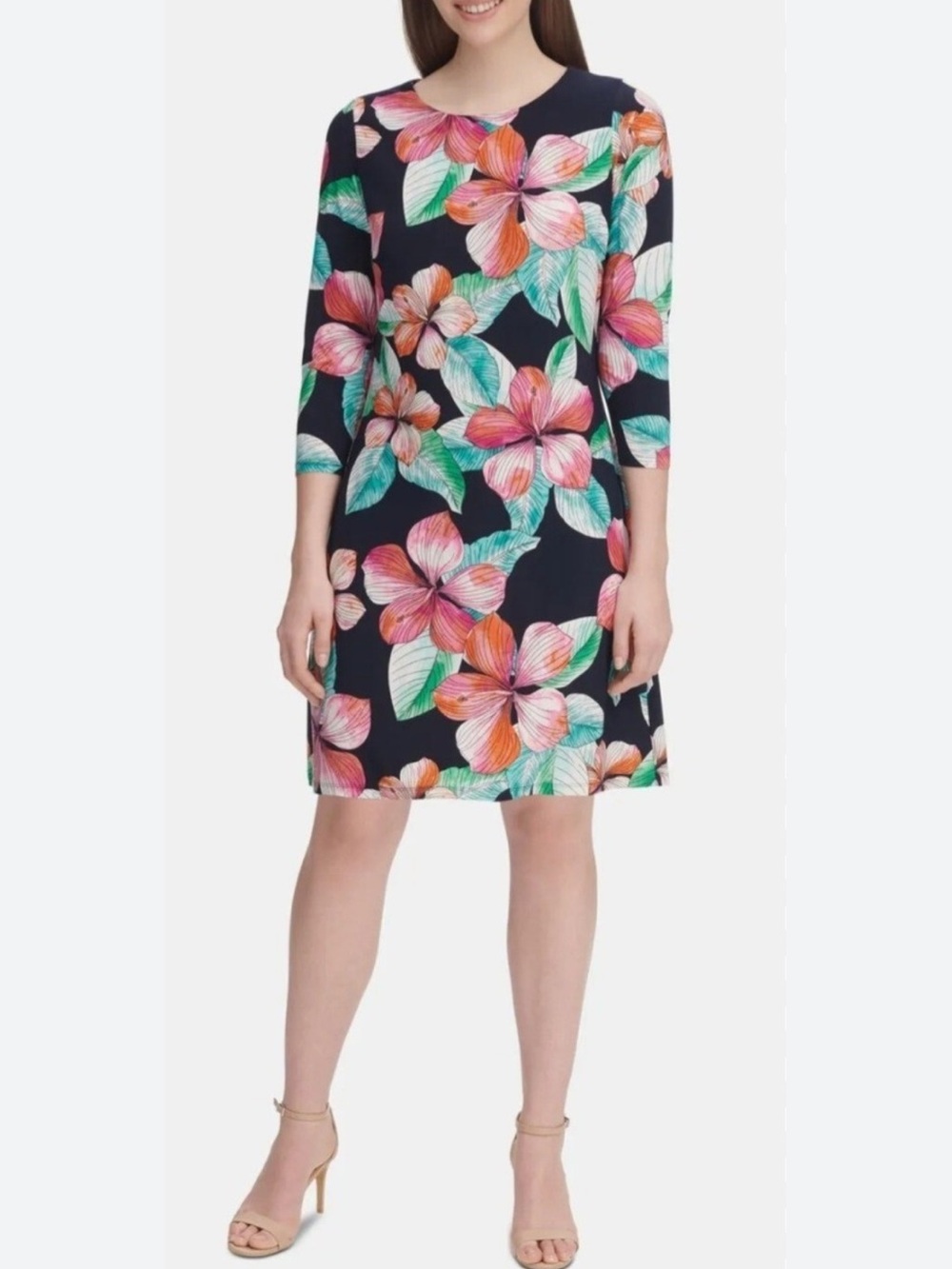 Tommy Hilfiger Tropical Floral Fit & Flare Dress Navy Pink Size 2